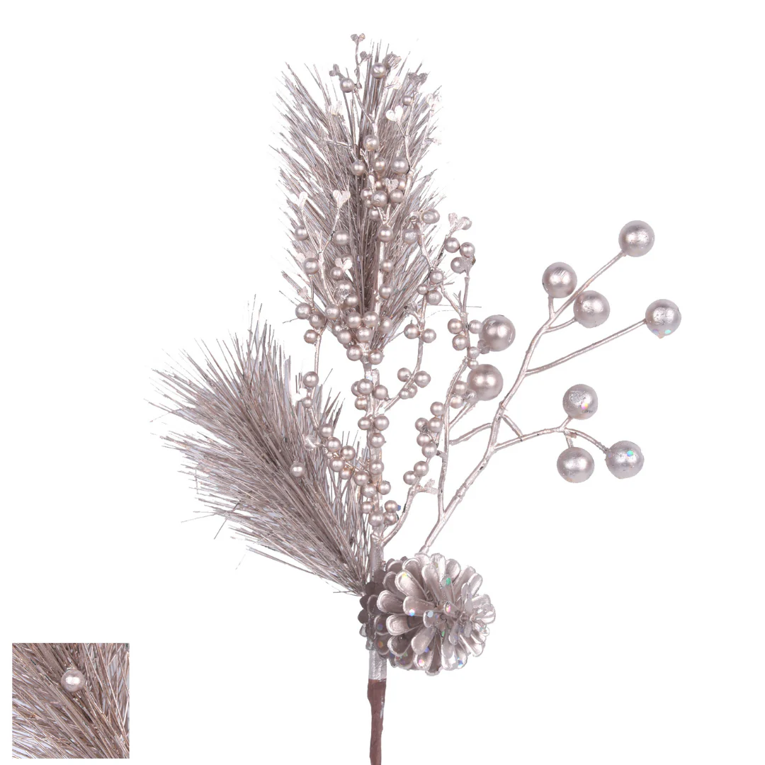 Pine Stem with White Berries Champagne 44cm