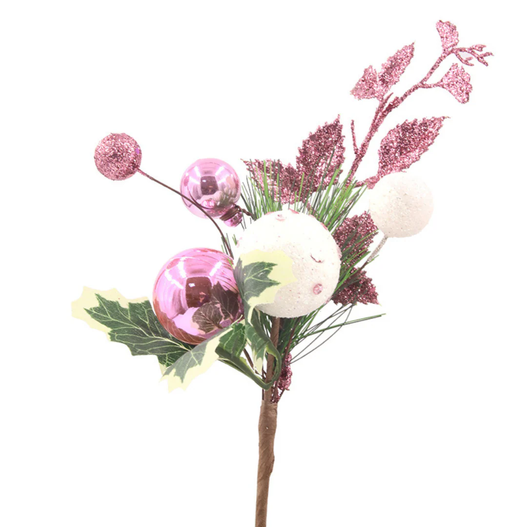 Pink Holly Pick With Baubles 25cm - Image 2