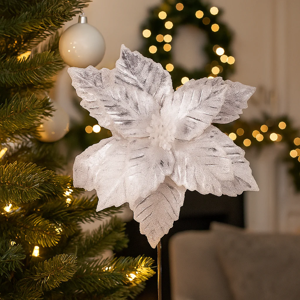 Poinsettia Stem 32cmD with 50cm Stem Pearl White
