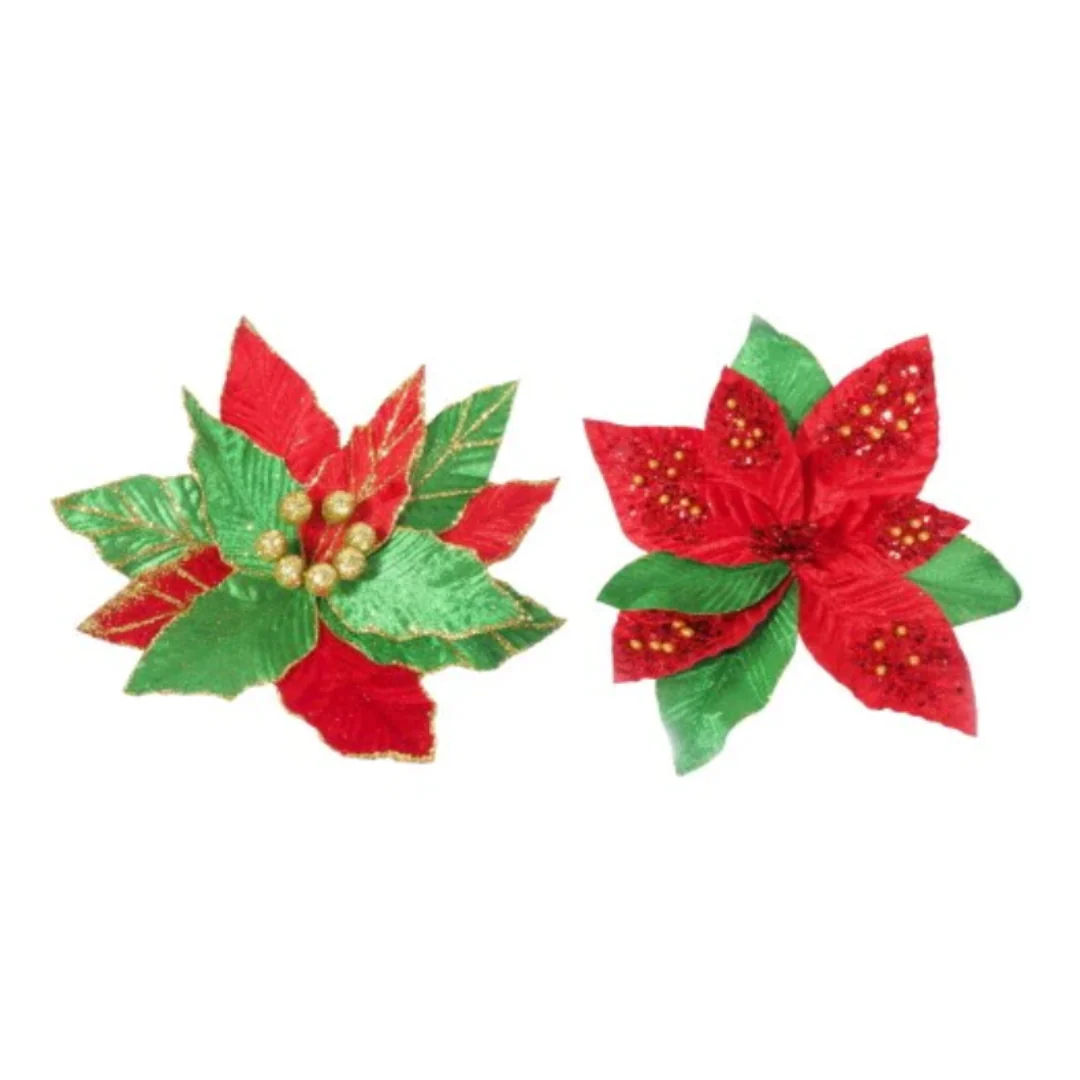 Poinsettia Velvet Red Green Clip Assorted - Image 2