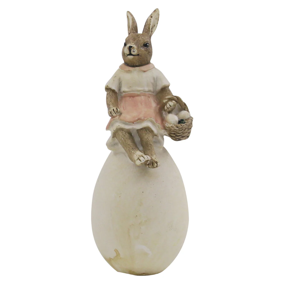 ANTIQUE BUNNY SITTING ON EGG POLYRESIN 6x6x17.5CM