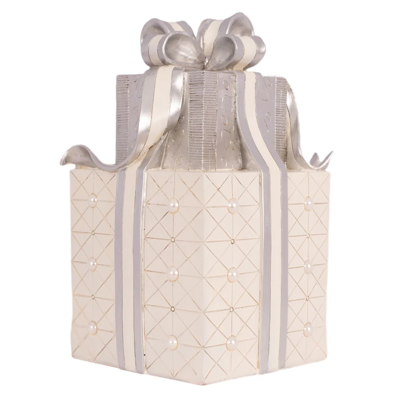 Polyresin Gift Boxes with Silver Ribbon 22x22x36cm White - Image 3