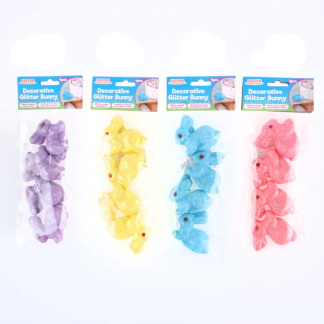 Polystyrene Rabbit With Glitter 4pc 6cm x 6cm x 1.5cm Pink, Purple, Blue & Yellow
