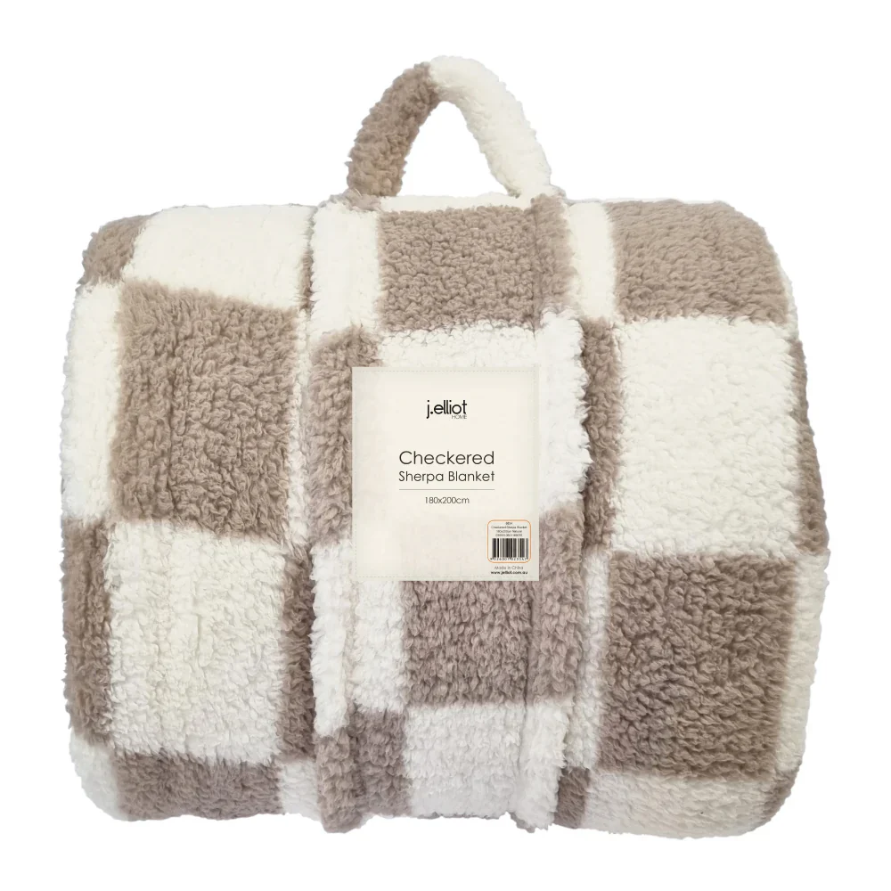 Printed Sherpa Throw 210GSM Checkered 180x200cm Natural - Image 2