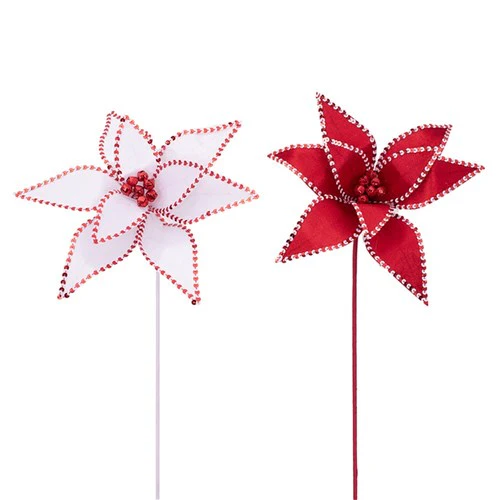 Red & White Poinsettia with Bells & 50cm Stem 32cm 2 assorted