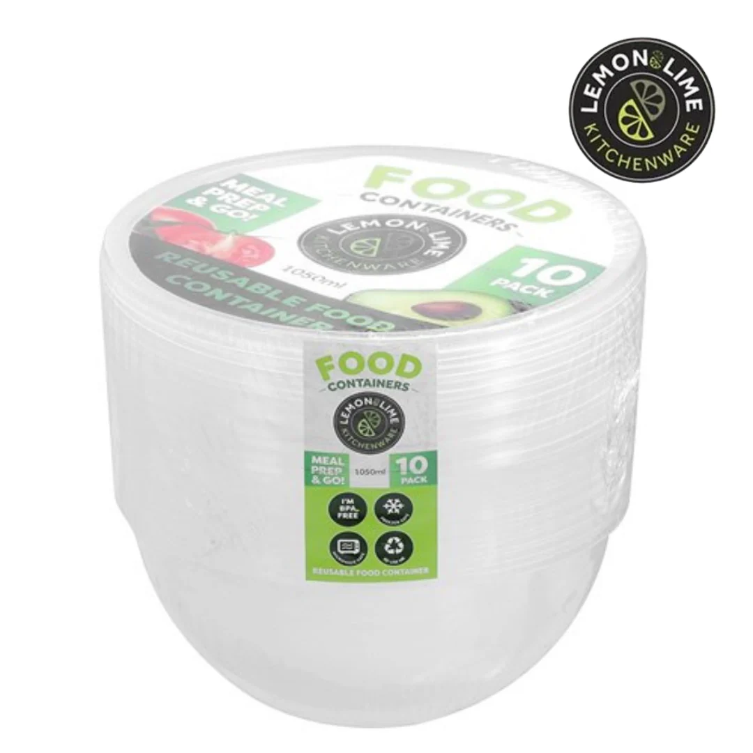 Reusable Food Container Round 1050ml 10pk Lemon and Lime