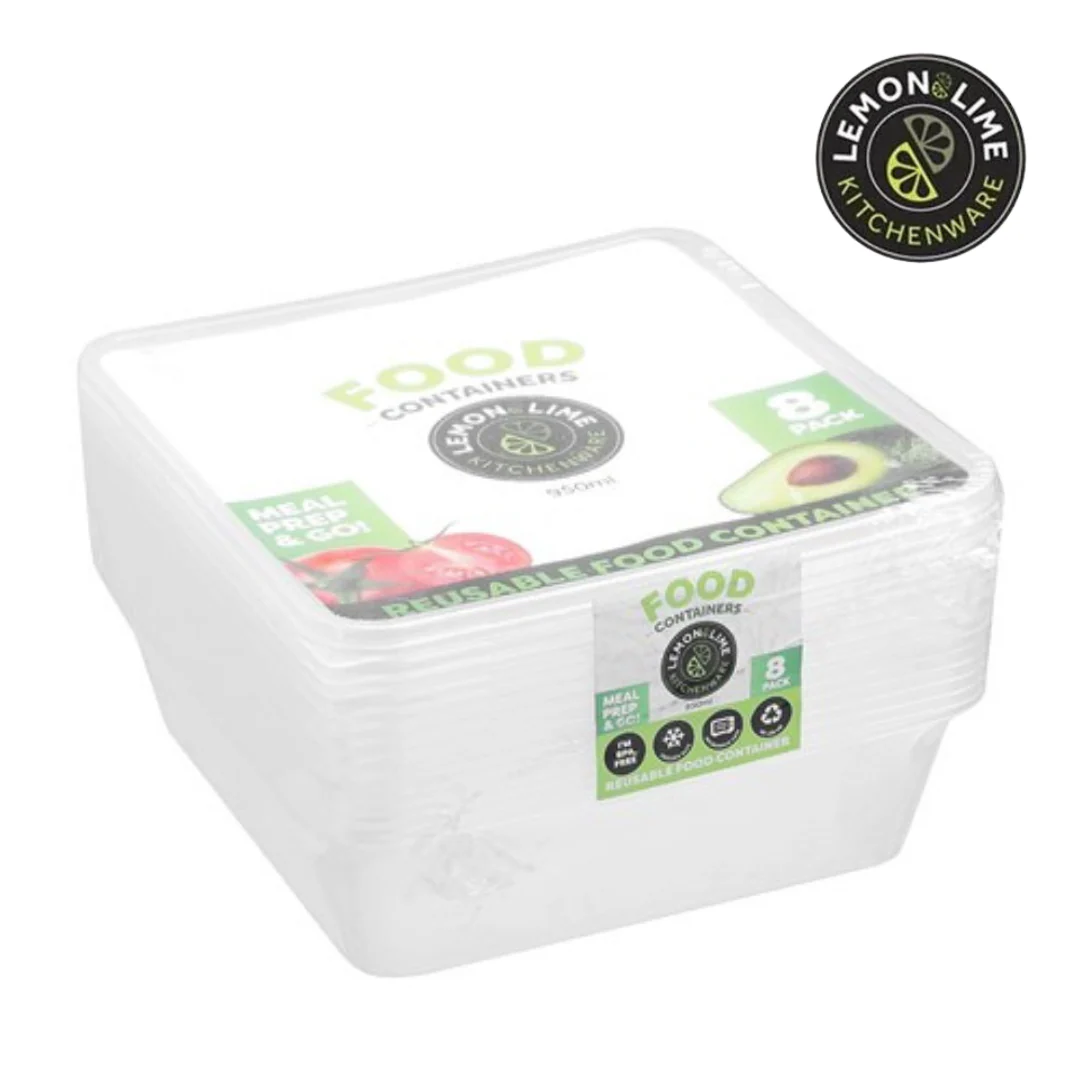 Reusable Food Container Square 950ml 8pk Lemon and Lime