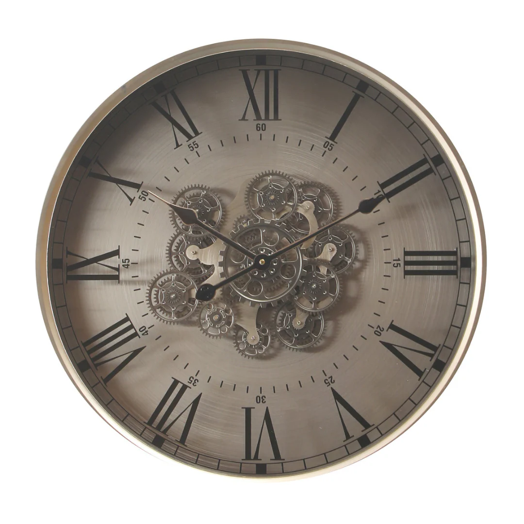 Round Birmingham Industrial Moving Cogs Wall Clock 60cm Silver Wash - Image 2
