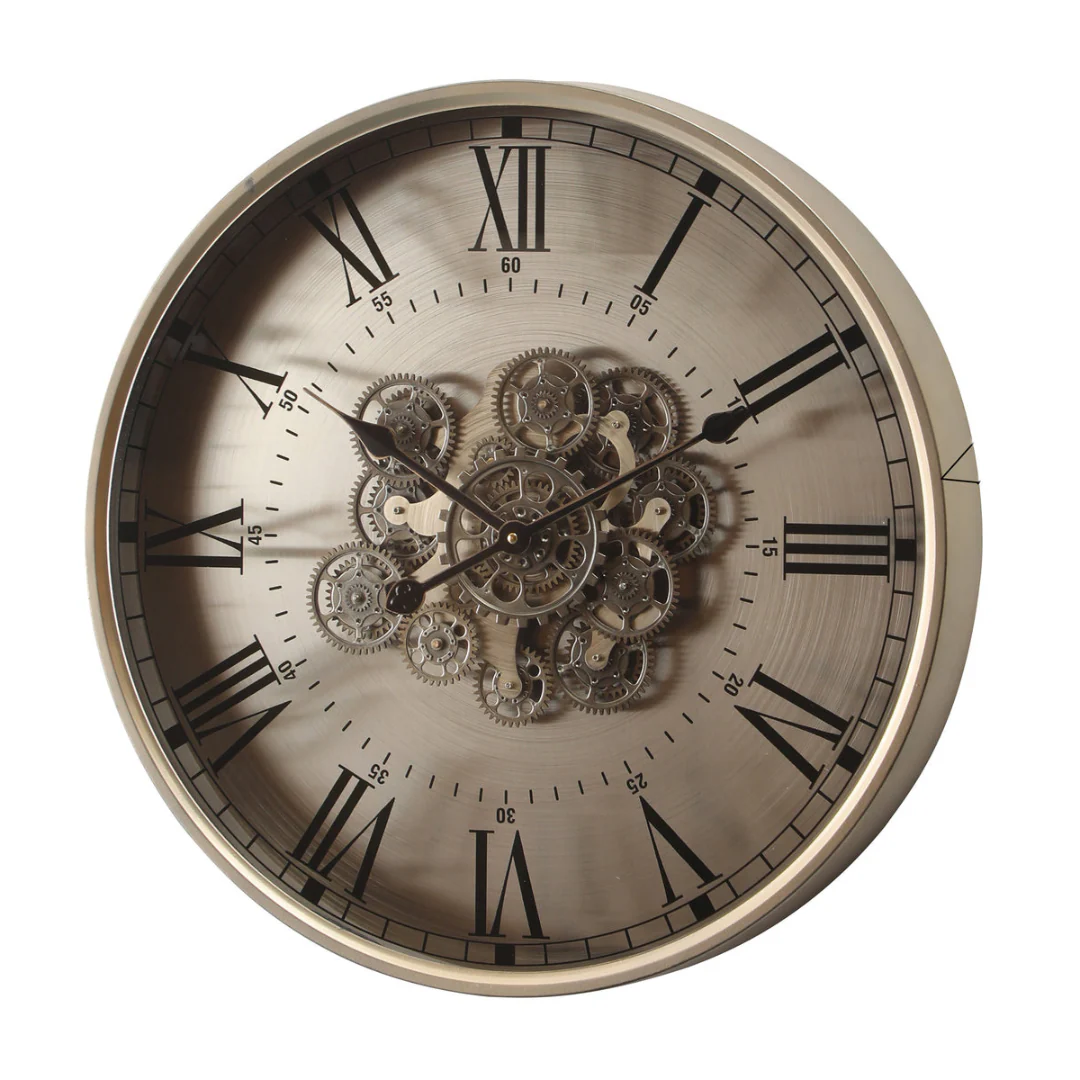 Round Birmingham Industrial Moving Cogs Wall Clock 60cm Silver Wash - Image 3
