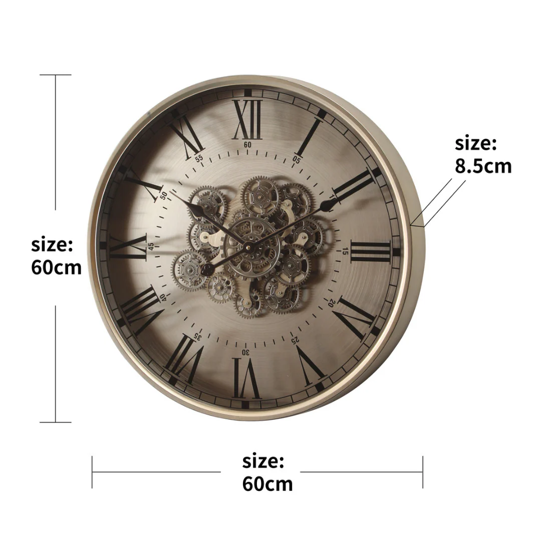 Round Birmingham Industrial Moving Cogs Wall Clock 60cm Silver Wash - Image 4