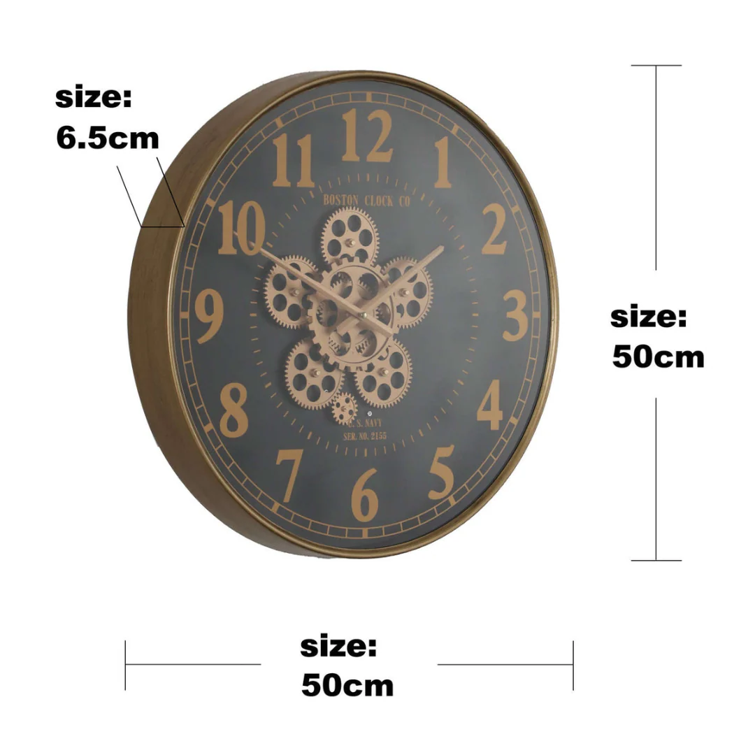 Round Boston US Navy Moving Cogs Wall Clock 50cm Gold with Black - Image 7