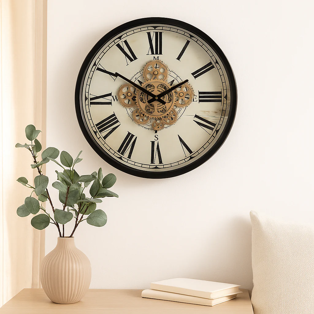 Round Compass Moving Cogs Wall Clock 46cm Black with Natural