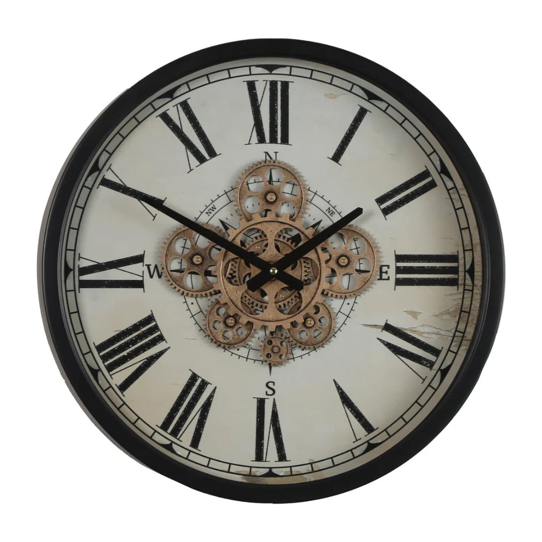 Round Compass Moving Cogs Wall Clock 46cm Black with Natural - Image 2