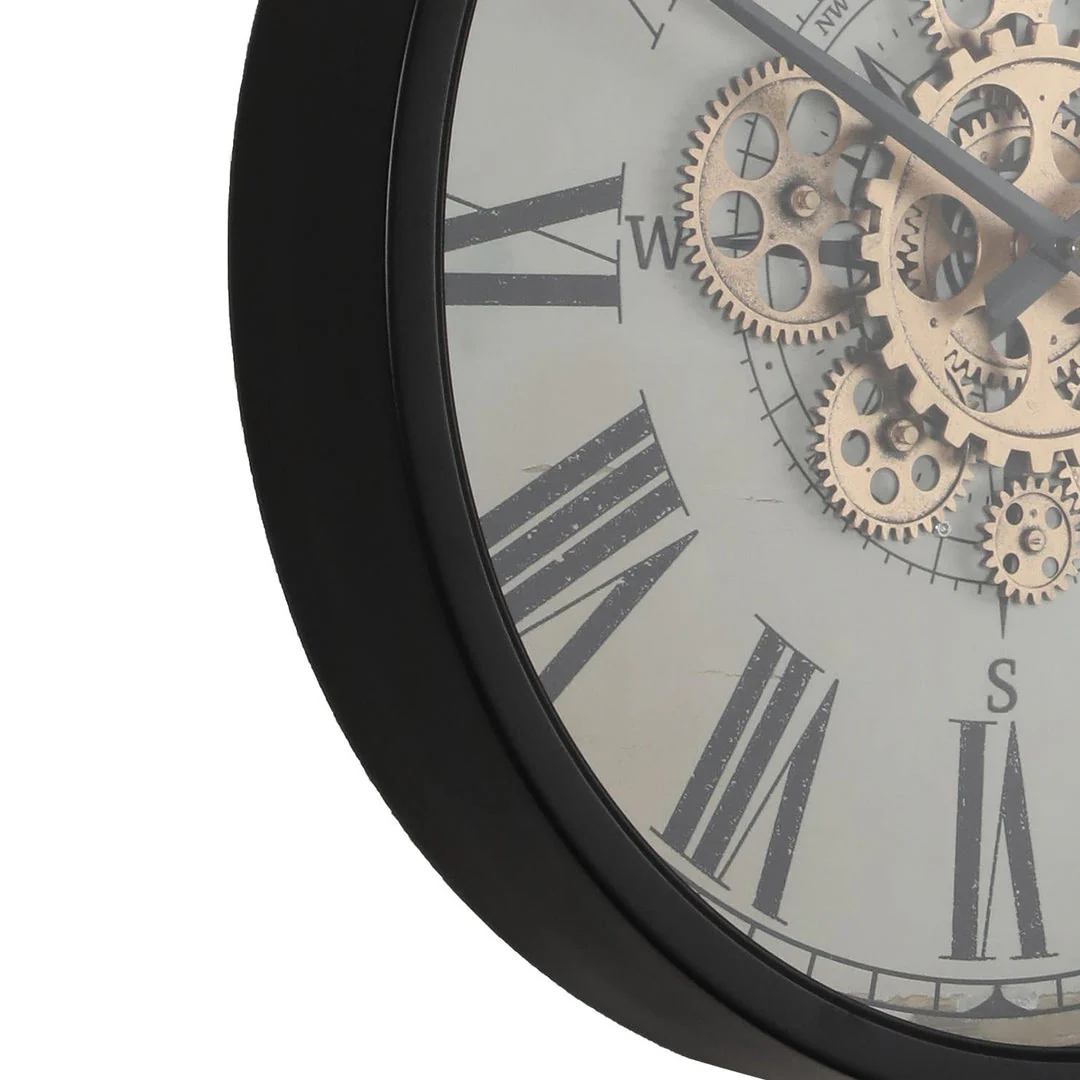 Round Compass Moving Cogs Wall Clock 46cm Black with Natural - Image 3