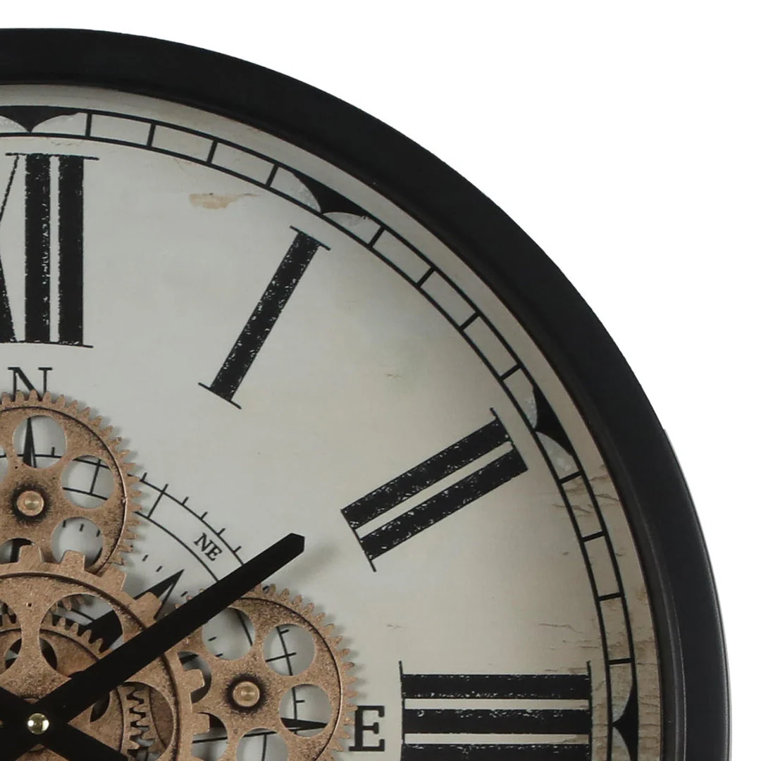 Round Compass Moving Cogs Wall Clock 46cm Black with Natural - Image 4