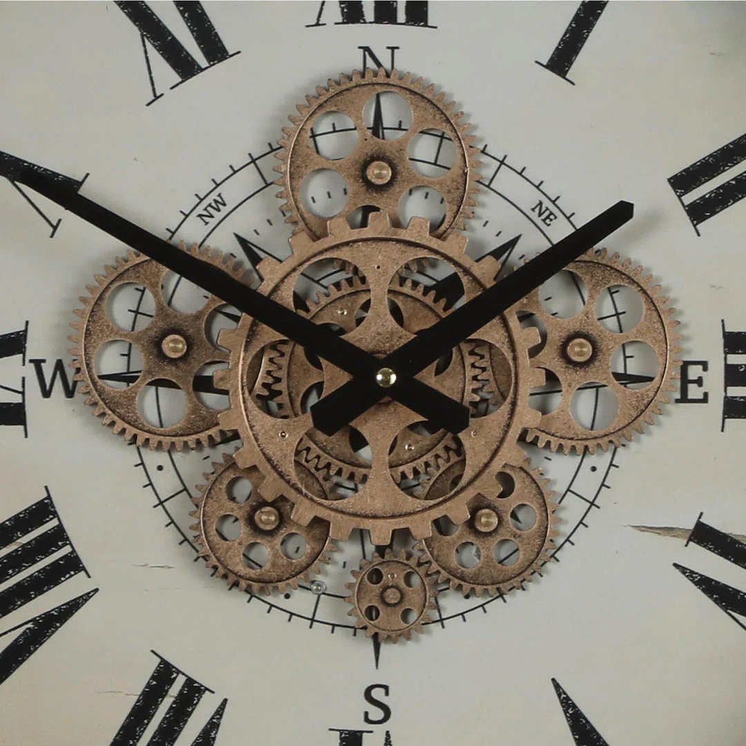 Round Compass Moving Cogs Wall Clock 46cm Black with Natural - Image 5