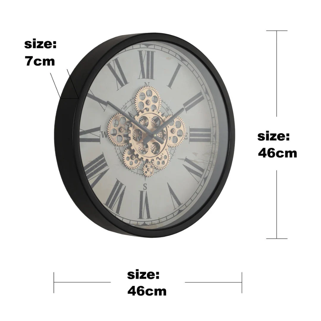 Round Compass Moving Cogs Wall Clock 46cm Black with Natural - Image 7