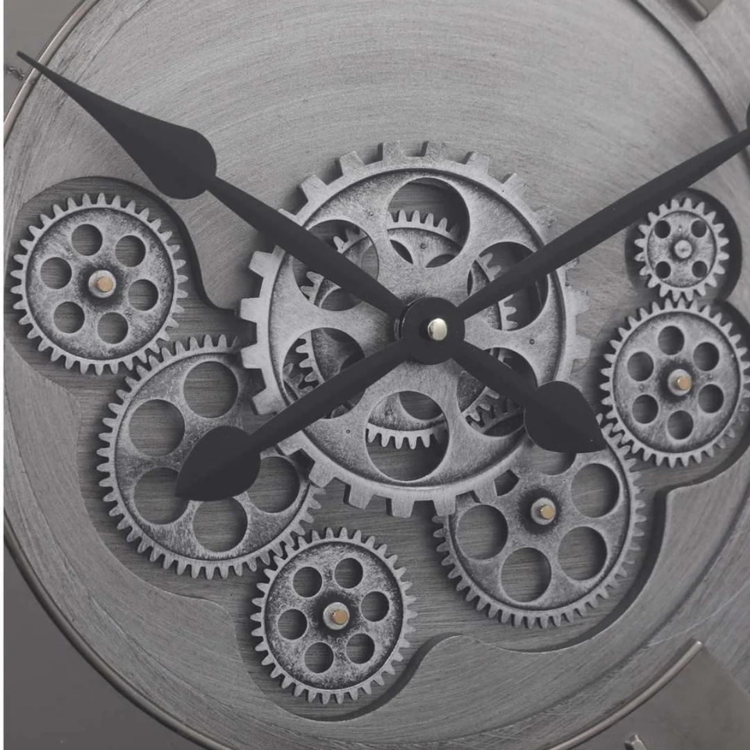 Round Lark Industrial Exposed Gear Movement Wall Clock 62cm Silver Wash - Image 5