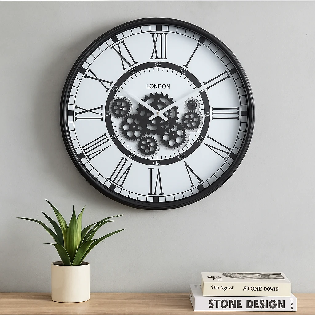Round London Modern Exposed Gear Clock 54cm Black with White