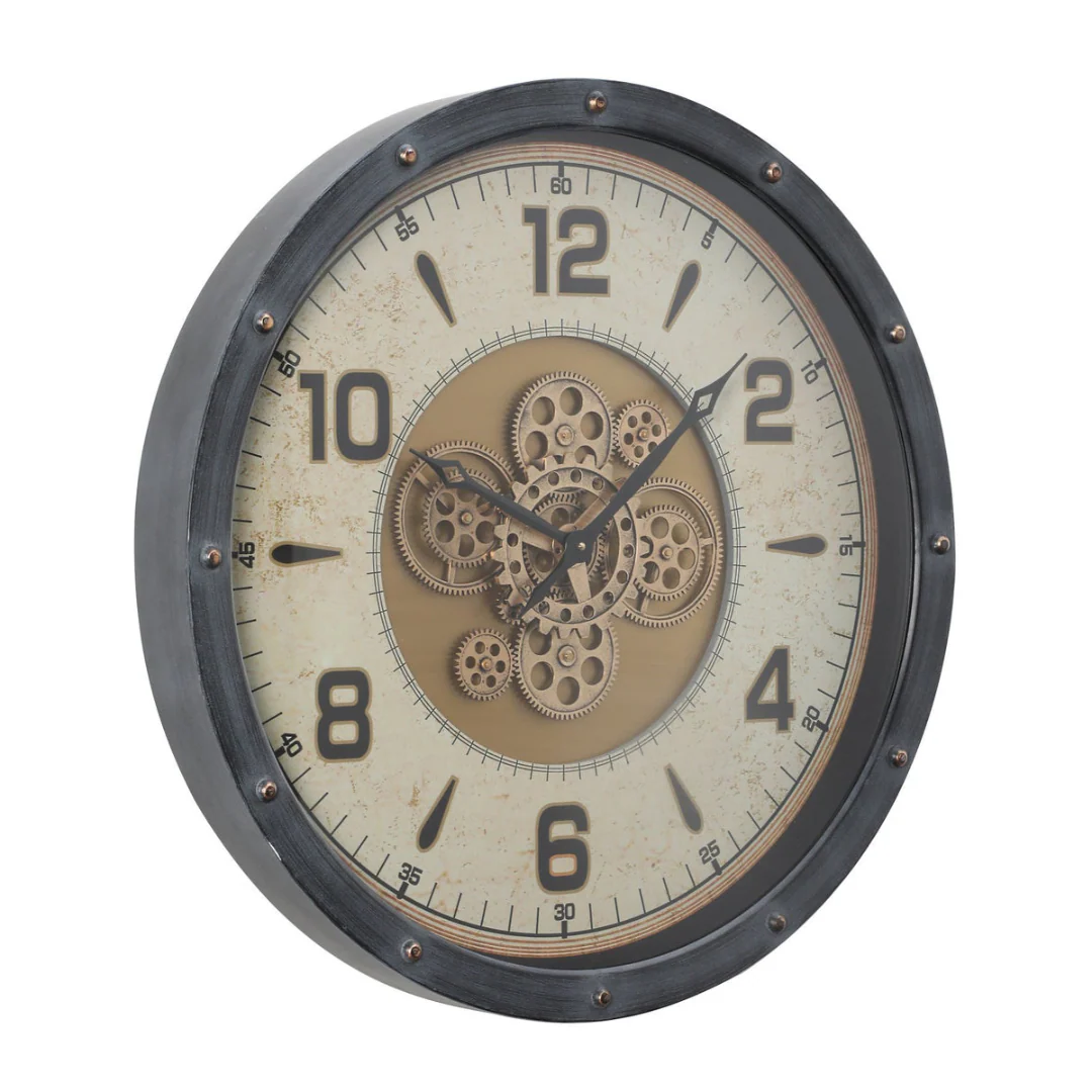 Round Magellan Modern Industrial Moving Cogs Wall Clock 72cm Black Metal with Gold - Image 3