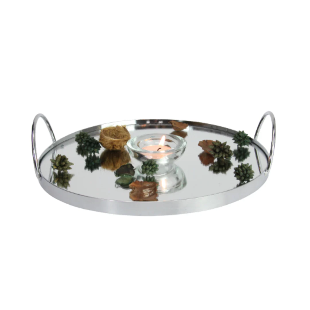 Round Mirrored Tray with Handles 25cm - Image 2
