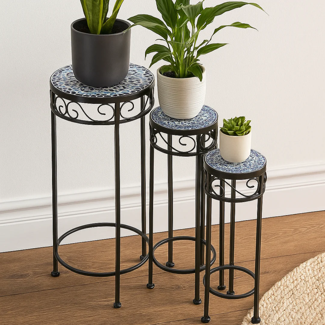 Round Mosaic Plant Stand Blue and White Pattern Small 20x57cm - Image 2