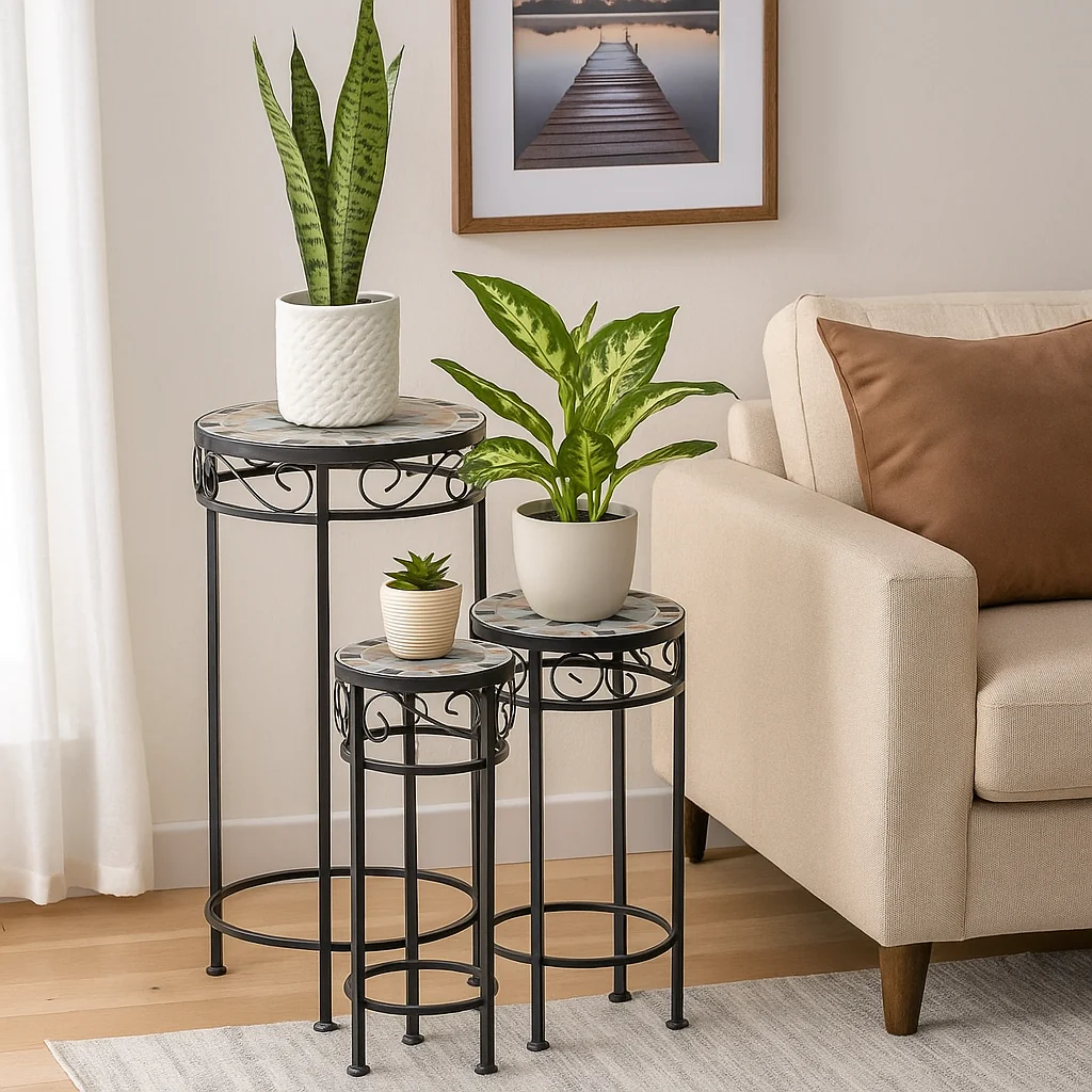 Round Mosaic Plant Stand Rustic Compass Pattern Set of 3 - Image 3