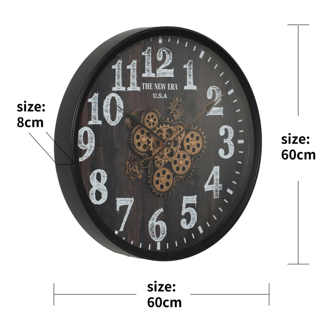 Round New Era Moving Cogs Wall Clock 60cm Black - Image 8