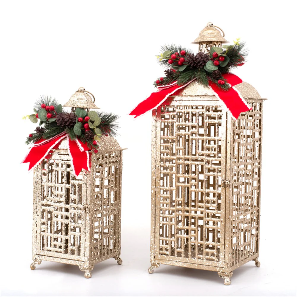 S2 Metal Lanterns with Red Bow & Berries L9.75X9.75X27.25cm 7.75X7.75X19.75cm