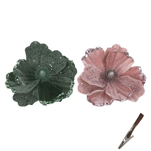 Sage & Dusty Pink Magnolia with Clip 18cm 2 assorted