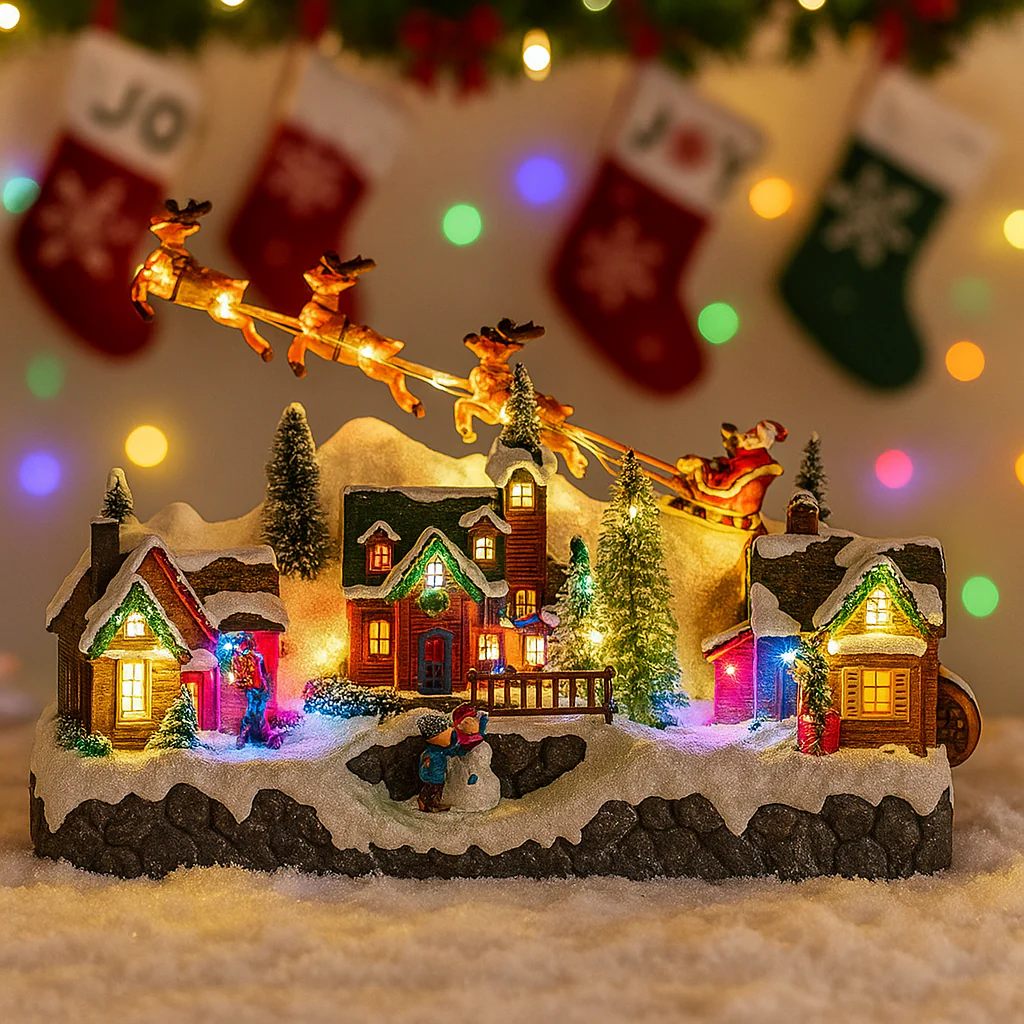 Santa On Sleigh With Christmas LED Village with Moving Function with Music 34x18x27.5cm