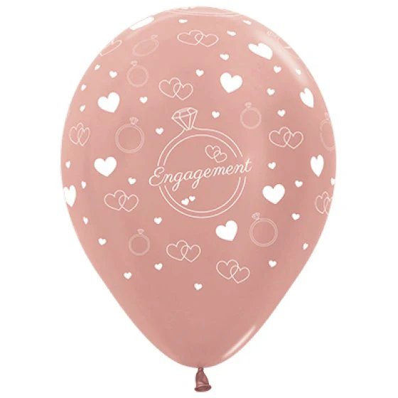 Latex Balloon 30cm Engagement Diamond Rings & Hearts Metallic Rose Gold6pk Sempertex