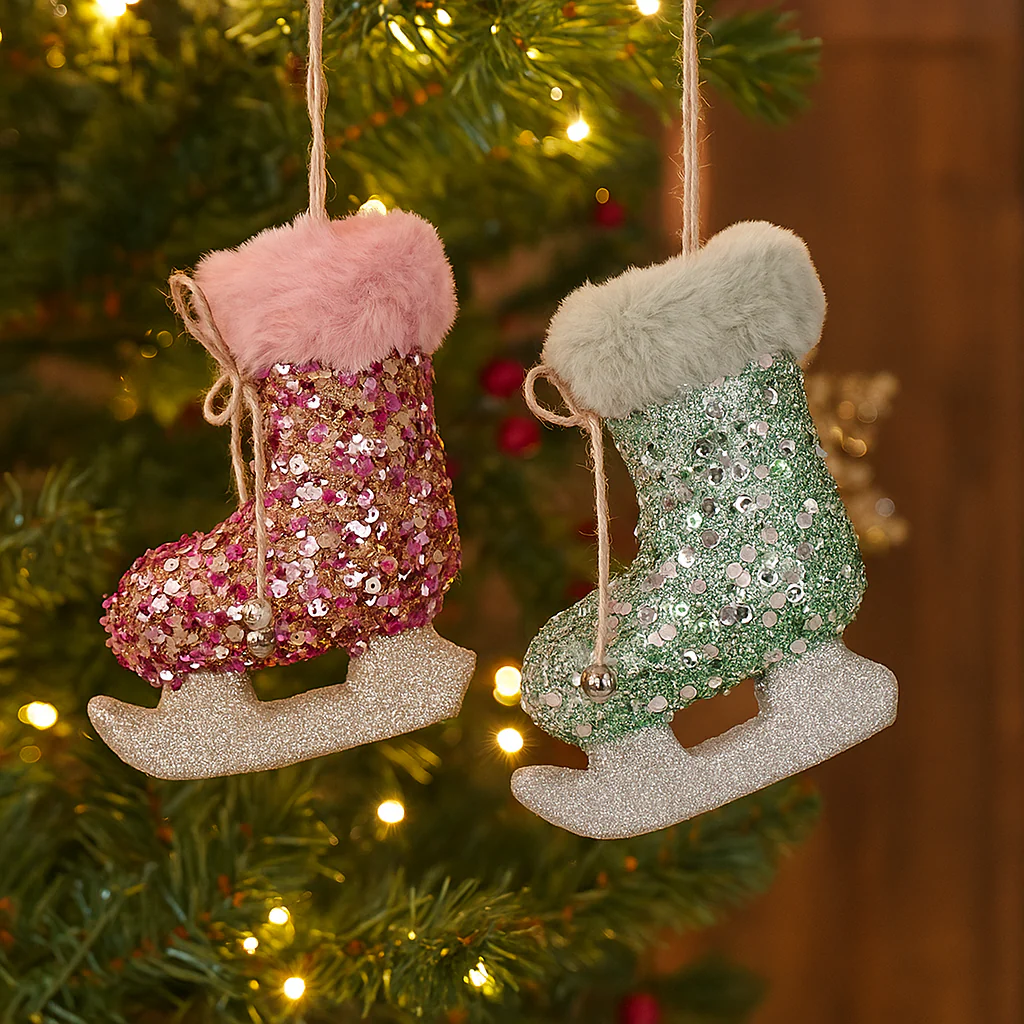 Sequin Ice Skate Tree Ornament 11x11x5.5cm Pale Pink and Mint Assorted