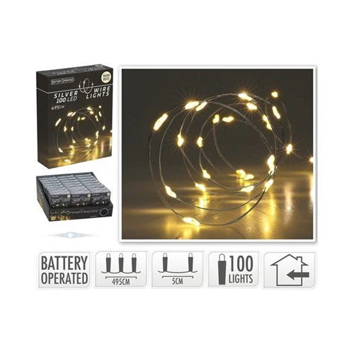 Silver Wire 100Led Warm White Battery Operated 4.95M
