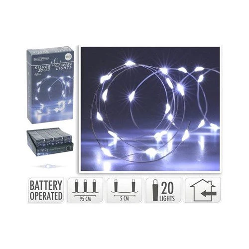 Silver Wire 20Led White Battery Operated 95cm