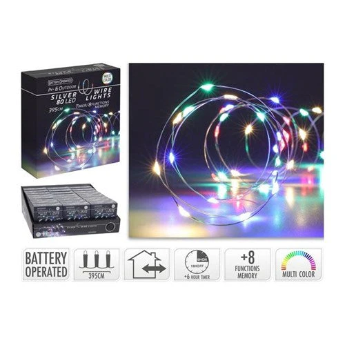 Silver Wire String Lights 80Led Ip44 Multi Battery Operated 3.95M