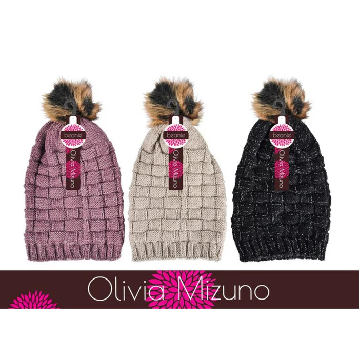 Soft Basket Knit Long Beanie with Pompom Assorted