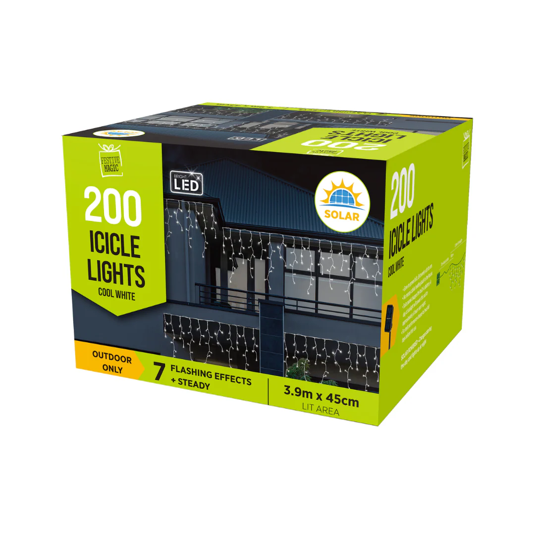 Solar LED Icicles Lights 200 Cool White