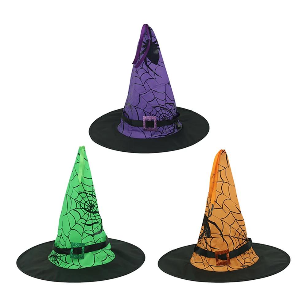 PURPLE, GREEN & ORANGE SPIDERWEB WITCH HAT 3 ASSORTED
