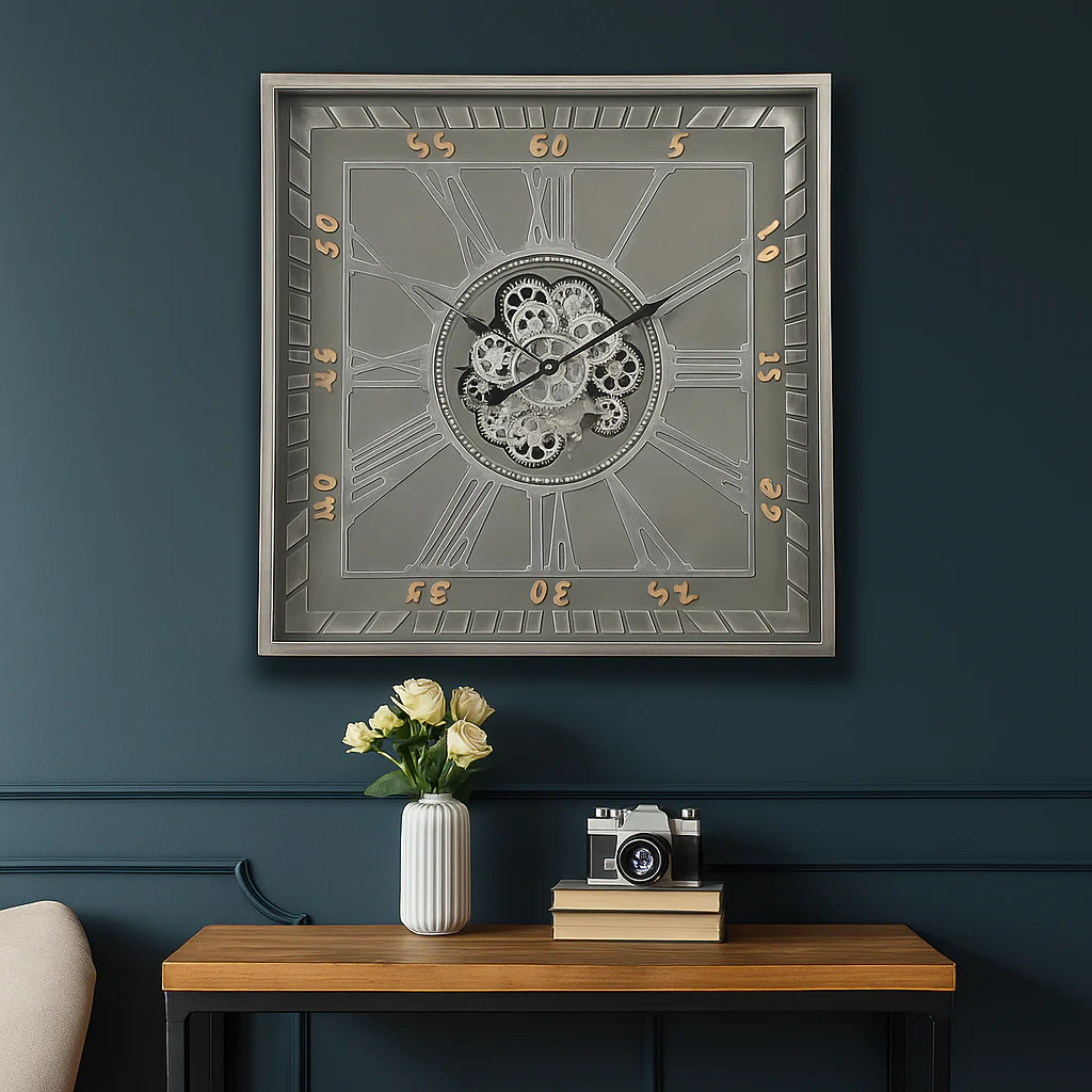 Square Gareth Exposed Gear Movement Wall Clock 80x80cm Grey