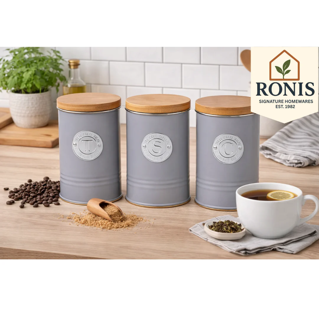 Tea Coffee Sugar Canister Embossed Line Bamboo Lid Set Of 3 Grey 11X15Cm