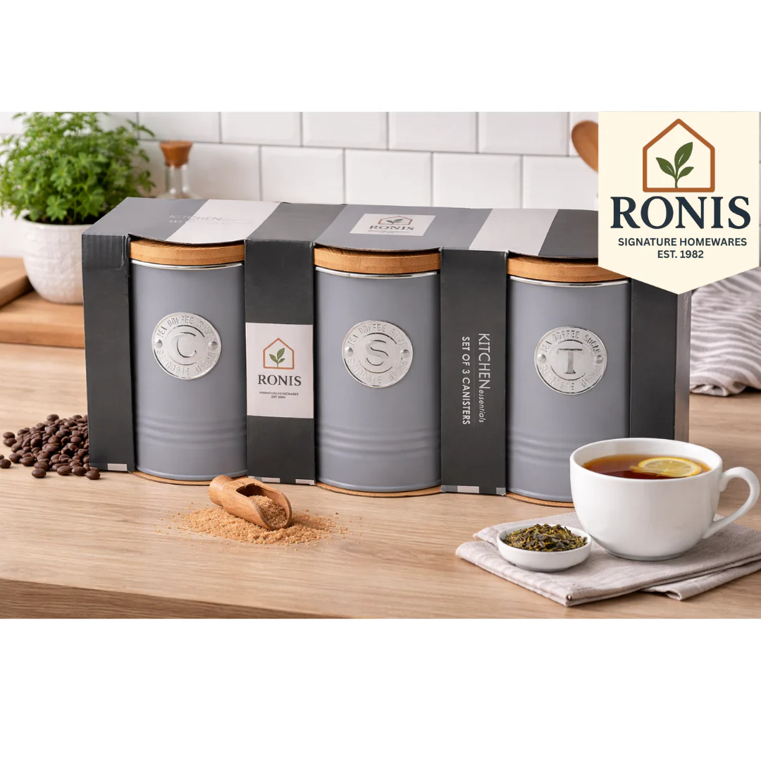 Tea Coffee Sugar Canister Embossed Line Bamboo Lid Set Of 3 Grey 11X15Cm - Image 2