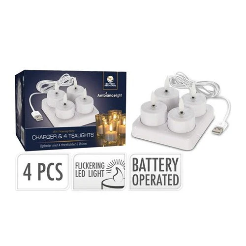 Tealight With Led Set Usb 4Pcs with Charging Base And 150Cm With Usb Cable Wire White