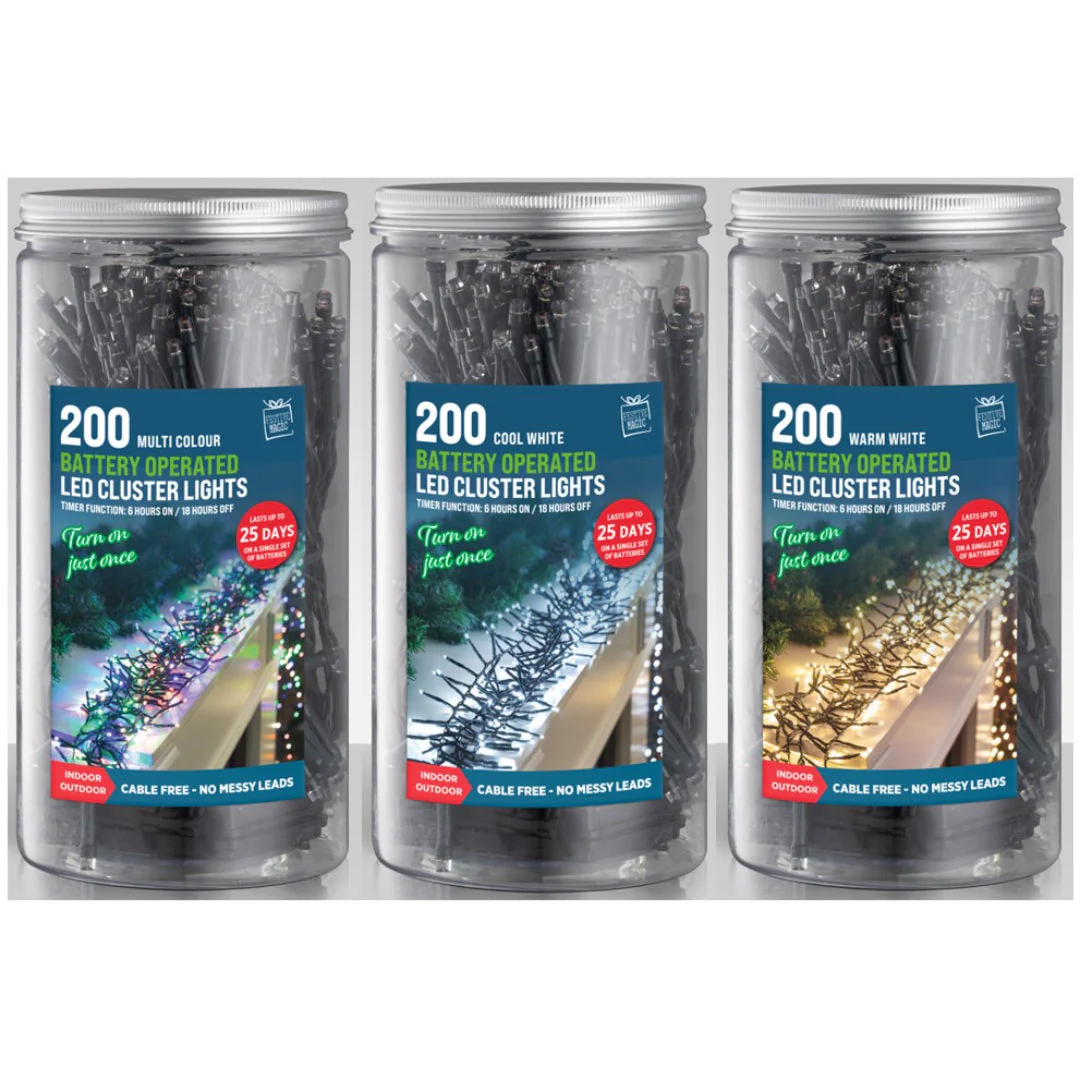 Timer LED Cluster Lights 200 Battery Operated In Jar Assorted