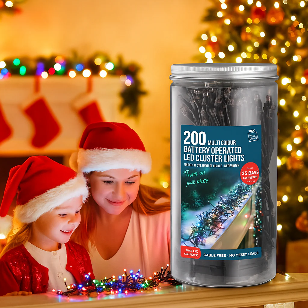 Timer LED Cluster Lights 200 Battery Operated in Jar Multicolour