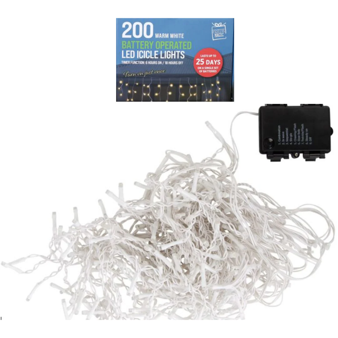 Timer LED Icicle Lights 200 Battery Operated in Jar Warm White - Image 3