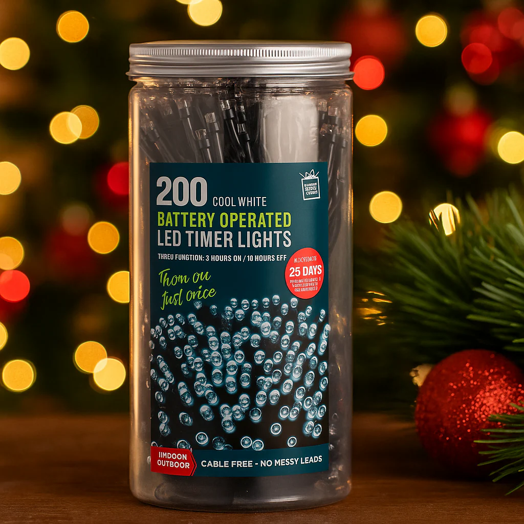 Timer Lights LED 200 Battery Operated in Jar Cool White