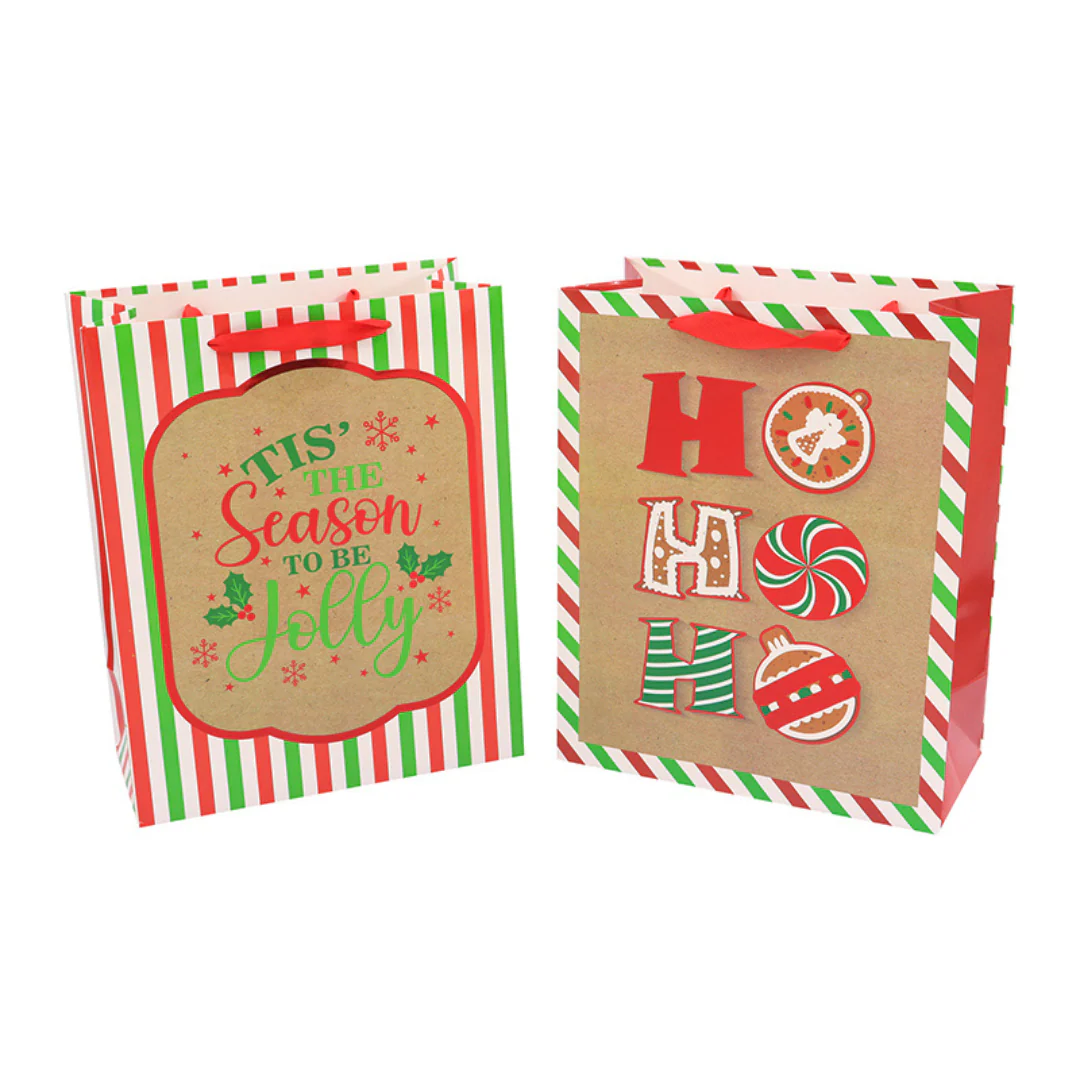 Small Christmas Gift Bag Hot Stamping Red Traditional 2Pk