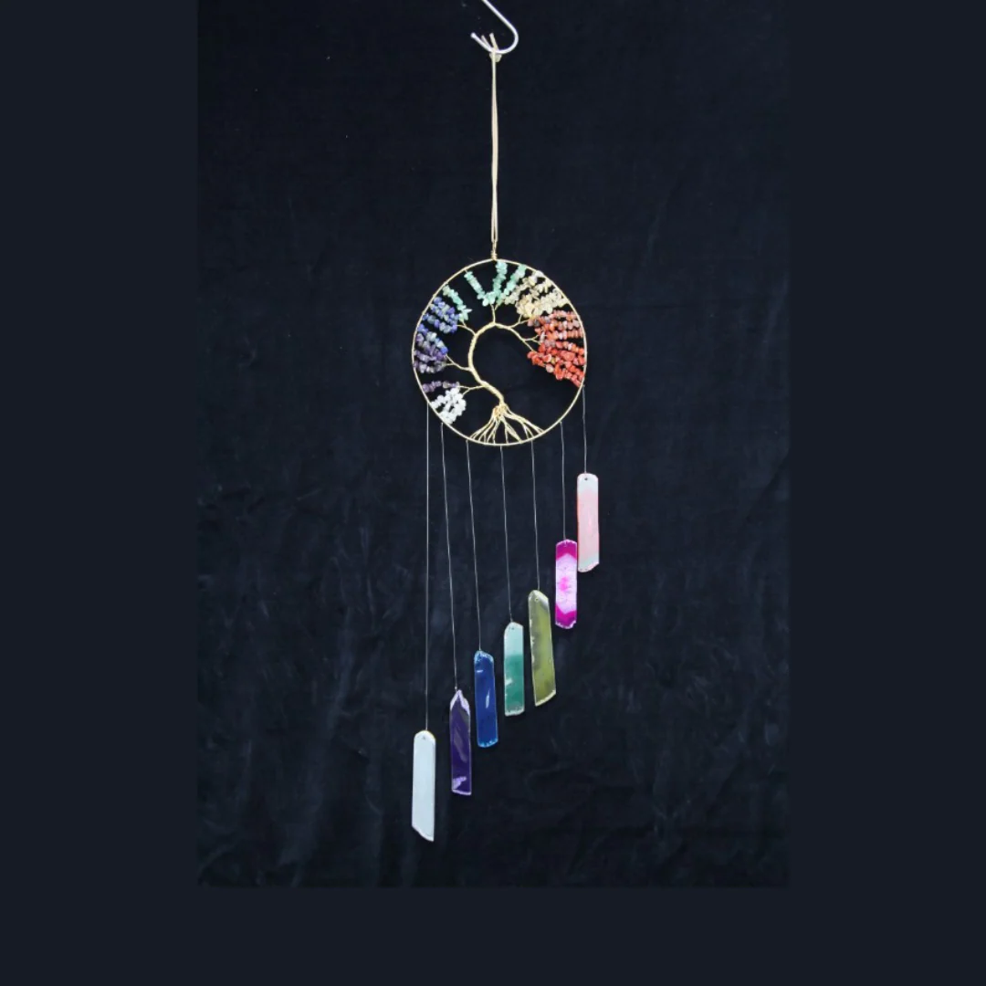 Tree of Life Chakra Gemstone with Agate Slices Wind Chime 15cm