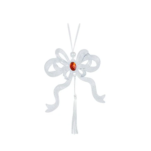 Tree Ornament White Glitter Bow Ornament with Red Jewel Tassel 12X18cm